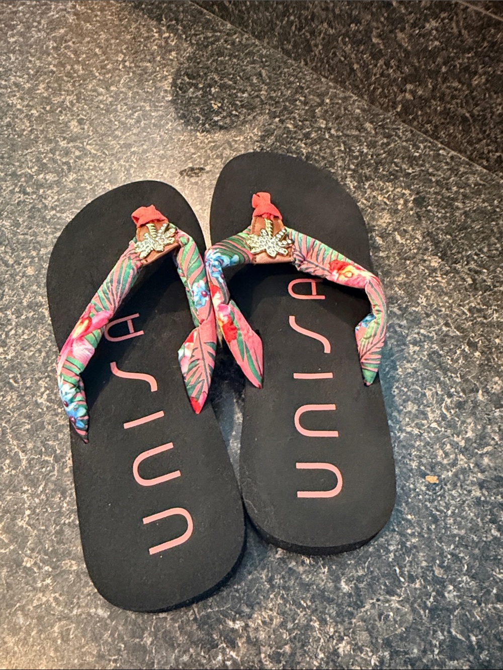 Unisa Black Flip Flops with Tropical Pink & Green Straps - Picture 4 of 5